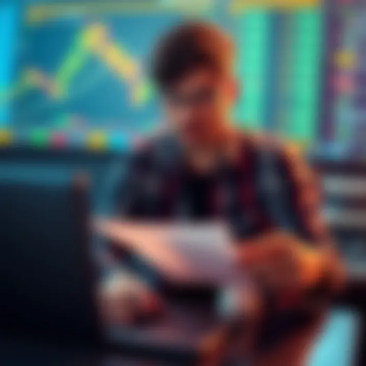 Crypto Trading Basics A beginner examining cryptocurrency charts with a laptop and a notepad, learning about market trends.