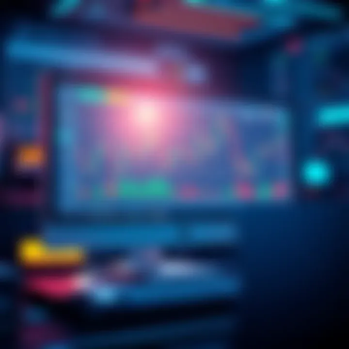 An illustration of a digital interface showing trading graphs and bot activity on a computer screen.