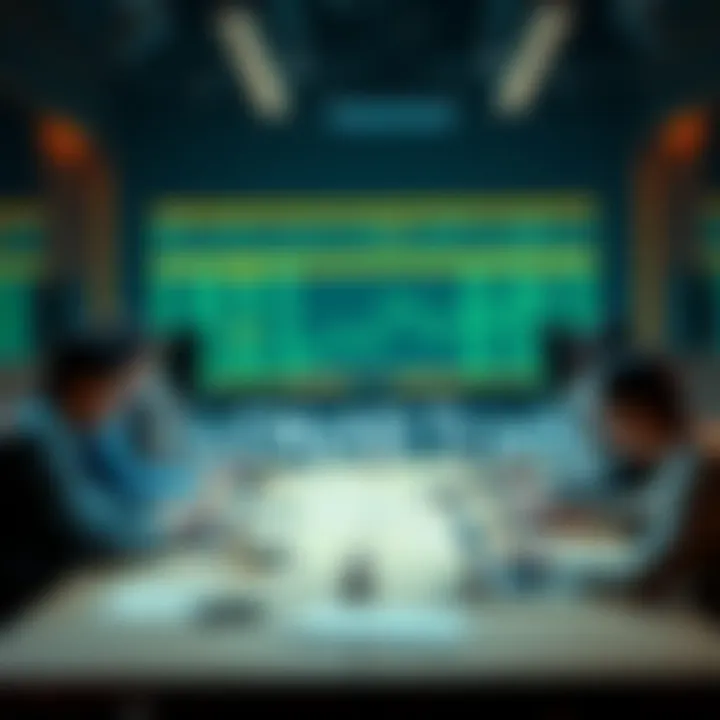 A group of people discussing cryptocurrency trading strategies and scams around a table with laptops and charts.