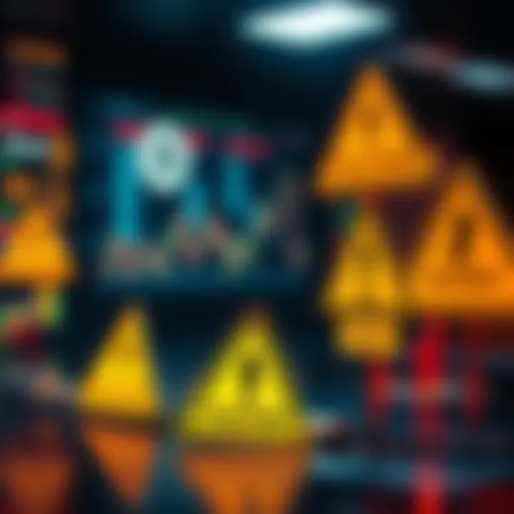 A visual representation of cryptocurrency trading with warning signs and charts, showing the need for caution and awareness of scams.