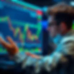A trader analyzing a cryptocurrency chart with green and red candlesticks, focused on making quick decisions for short-term trading.