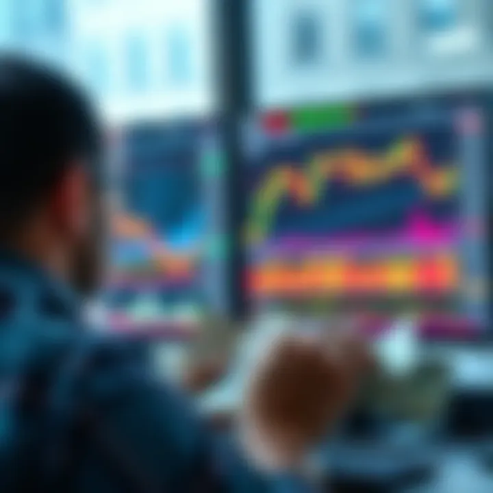 A person examining cryptocurrency graphs on a computer screen with dollar bills in the foreground