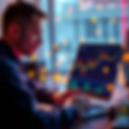 A person analyzing cryptocurrency charts on a laptop, looking focused and engaged, with digital currency symbols around them.