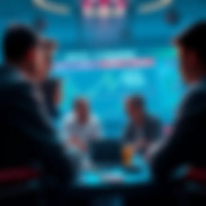 Group of people discussing cryptocurrency trading strategies with caution and advice on scams.