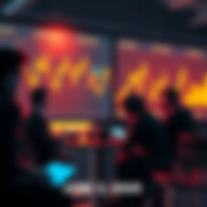 People engaged in a discussion about cryptocurrency trading with charts and graphs in the background