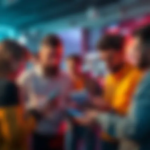 A group of people engaging in a discussion about cryptocurrency trading, sharing tips and advice while looking at digital devices.