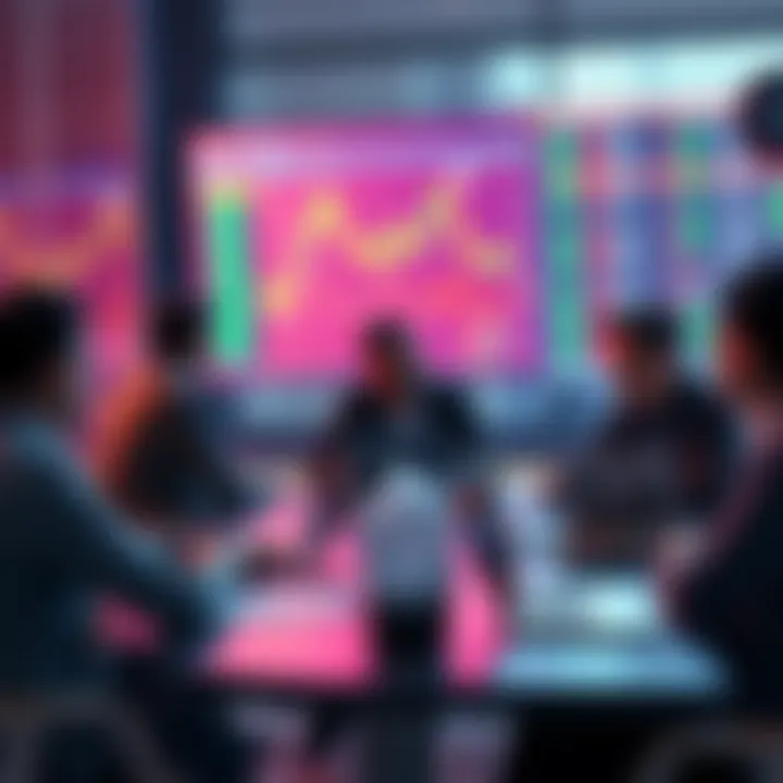 People discussing cryptocurrency trading strategies at a table with charts and laptops