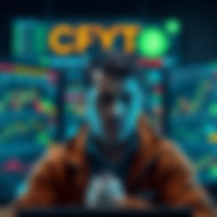 A trader looking stressed while monitoring crypto prices on multiple screens, showing charts and currency symbols, reflecting the emotional ups and downs of the market.