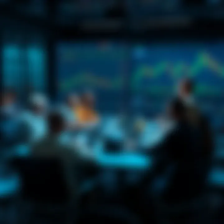 A group of people discussing cryptocurrency trading strategies around a table with laptops and charts