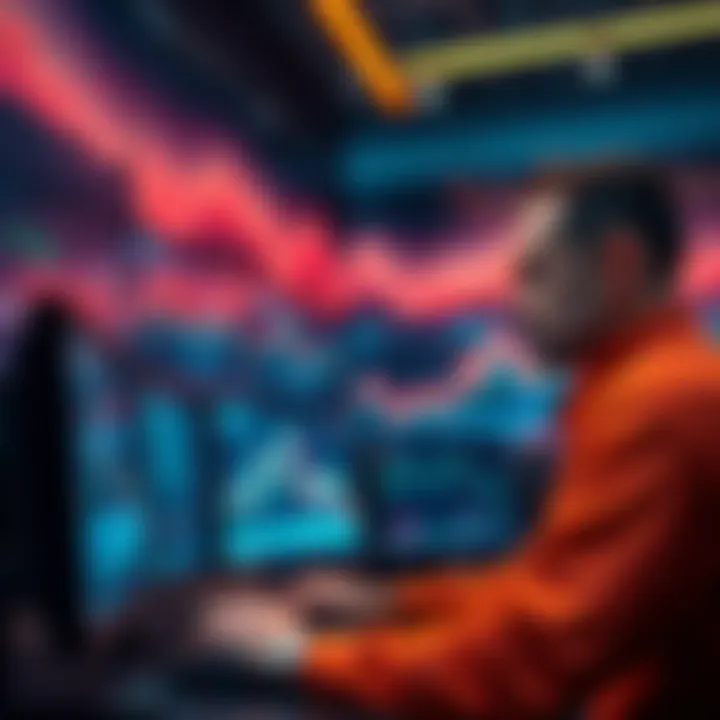 A trader analyzing cryptocurrency data on multiple screens with charts and graphs in the background