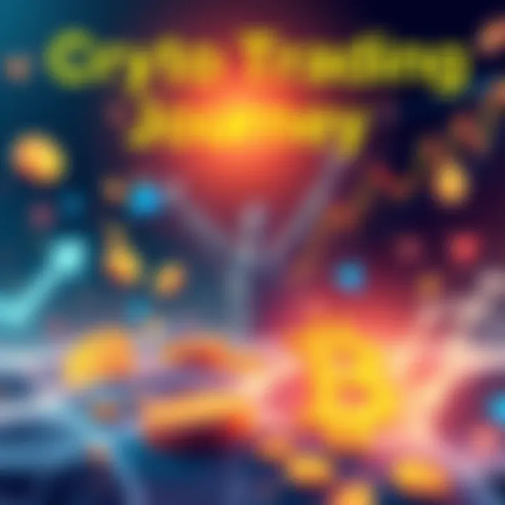 An illustration depicting the excitement of beginners diving into cryptocurrency trading with visuals of coins and charts