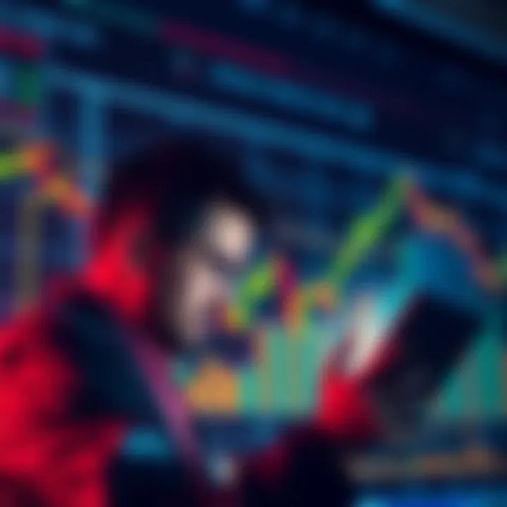 A chart showing declining cryptocurrency values with a worried trader looking at it, symbolizing regret over trading losses.