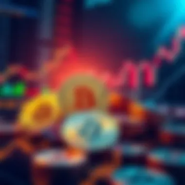 A visual representation showing cryptocurrency coins with stock market charts in the background, emphasizing the relationship between crypto and Nasdaq trends.