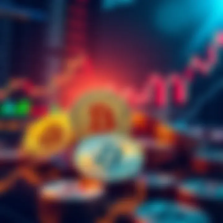 A visual representation showing cryptocurrency coins with stock market charts in the background, emphasizing the relationship between crypto and Nasdaq trends.