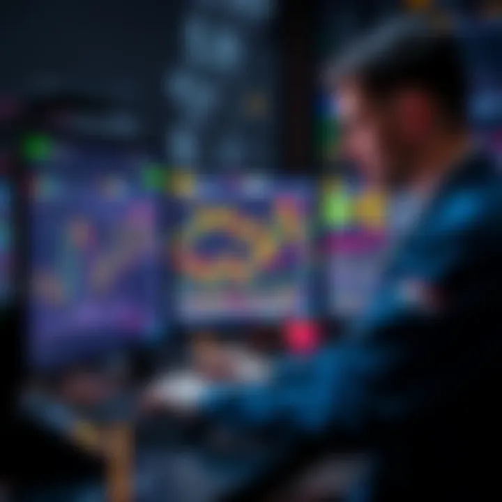 A trader looking at charts and graphs on a computer screen, analyzing cryptocurrency market trends for potential profits.