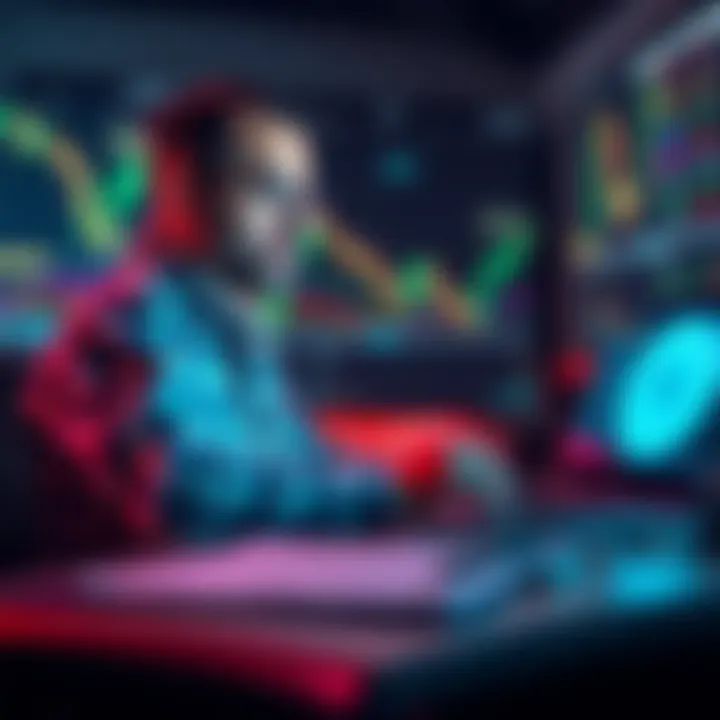 A person sitting at a desk with a laptop and cryptocurrency charts, showing a focused expression while analyzing data