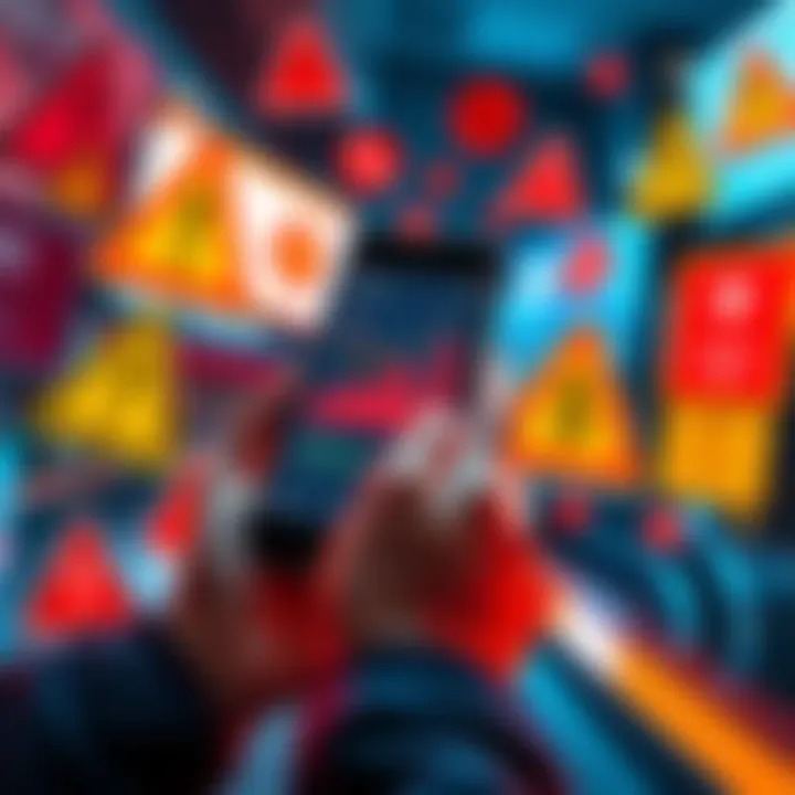 A person holding a smartphone displaying cryptocurrency charts while surrounded by warning signs and safety symbols.