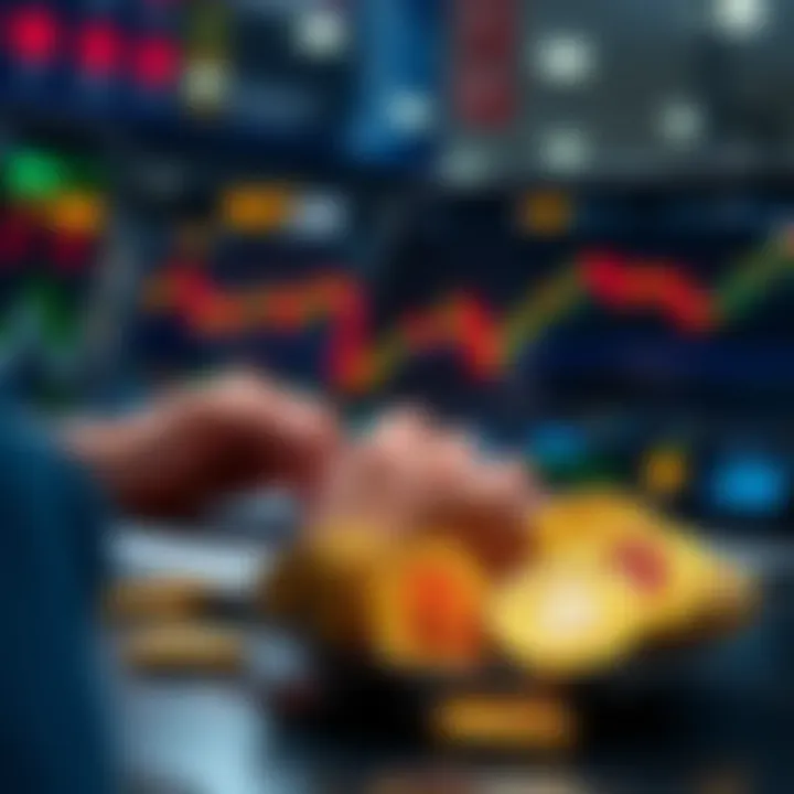 Person analyzing cryptocurrency performance on a laptop with crypto coins in the foreground