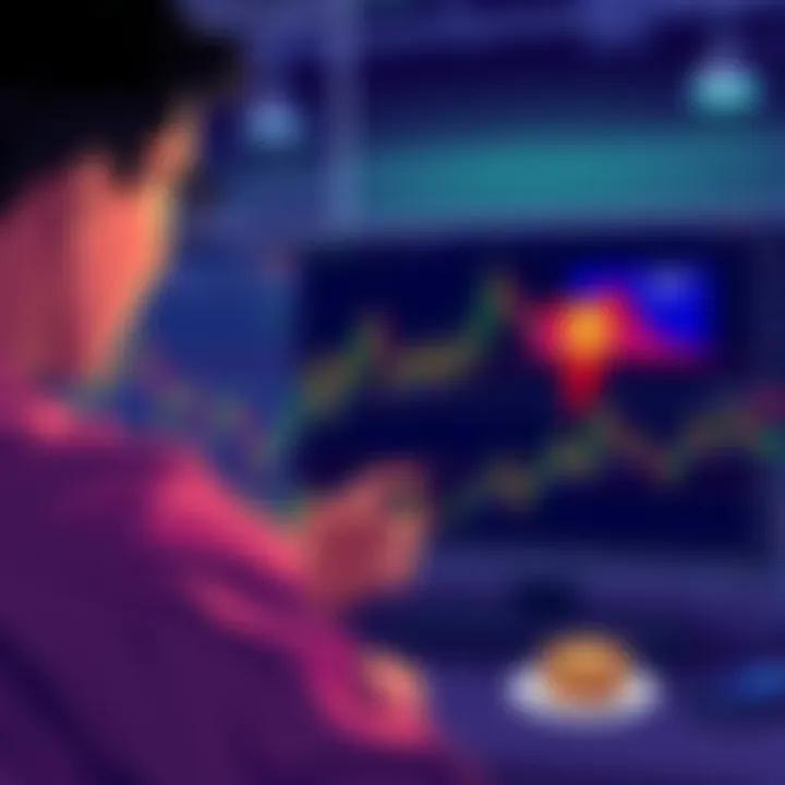 Crypto Trading Strategies Illustration of a person analyzing cryptocurrency charts and graphs, contemplating buying and selling Bitcoin.