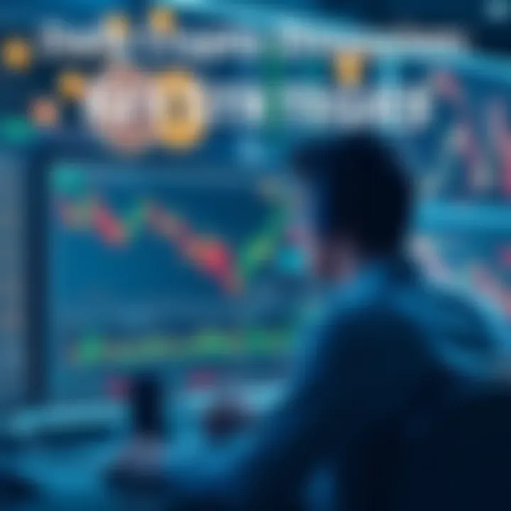 A trader reviewing charts and data on a computer screen with cryptocurrency symbols in the background