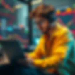 A busy professional analyzing cryptocurrency charts on a laptop while balancing work and trading