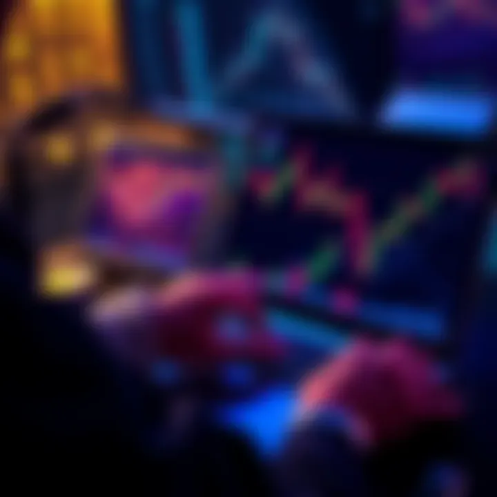 Crypto Trading Strategy A person analyzing cryptocurrency trends on a laptop, with graphs showing market fluctuations and dollar signs on the screen.