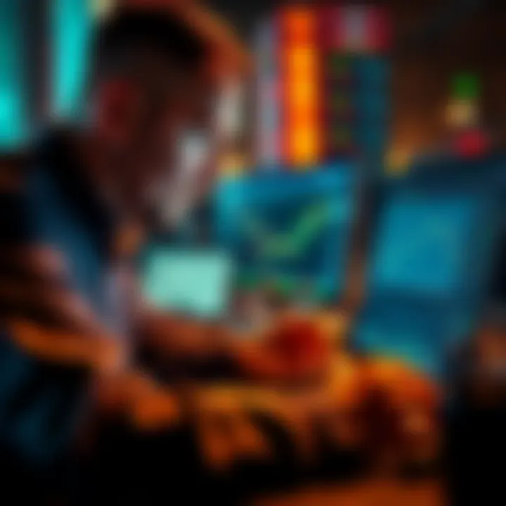 A trader looking at a laptop with charts and graphs about crypto trading while discussing investment on a forum.