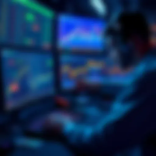 Crypto Trading Success A trader analyzing charts and graphs on multiple screens, focusing on risk management and emotional control for long-term success in cryptocurrency.