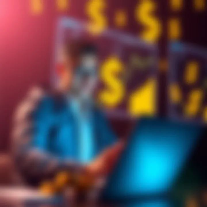 A confident trader analyzing cryptocurrency graphs on a laptop with dollar signs in the background, symbolizing financial growth.
