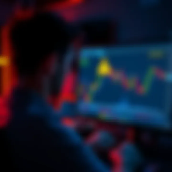 A person looking at a computer screen with cryptocurrency charts and warning signs, representing trading tips and scams in crypto.