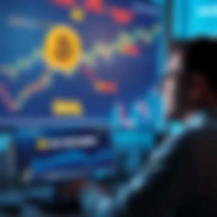 A frustrated person looking at a computer screen showing failed cryptocurrency transaction. Graphs and wallets in the background depict digital currency.