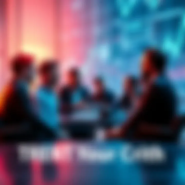 A group of investors discussing cryptocurrency trends in a modern setting, with digital graphs and charts in the background.