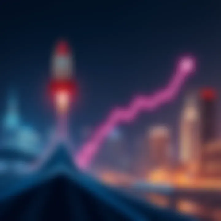 Chart showing fluctuating cryptocurrency prices, with a rocket symbolizing growth and a downward arrow indicating decline, set against a city skyline