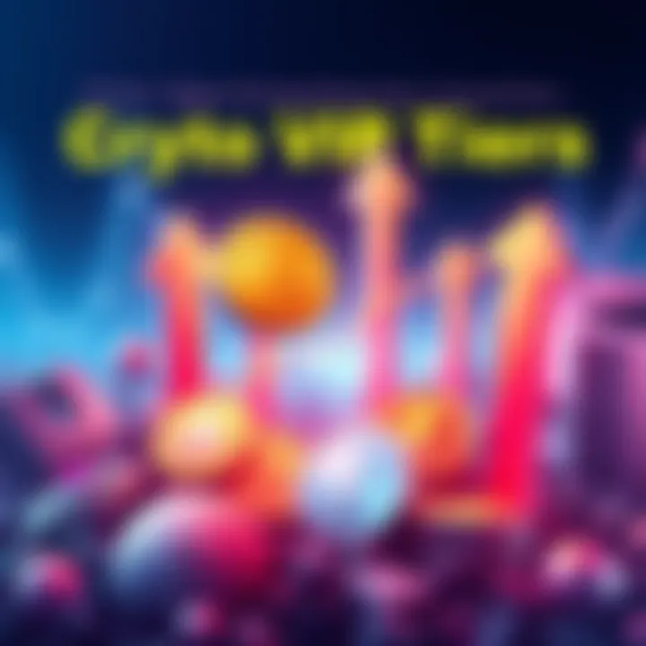 Crypto VIP Tiers Illustration showing various crypto coins like SOL, USDC, and USDT with upward arrows indicating growth in earnings from VIP tiers.