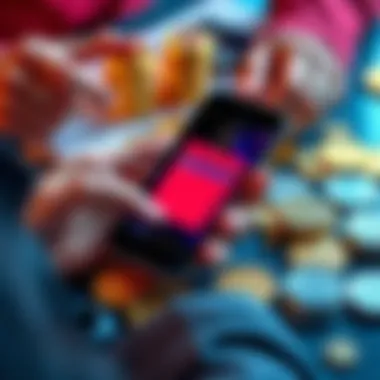 Crypto Wallet and Coins Person holding a smartphone with a digital wallet app open, surrounded by cryptocurrency coins on a table.