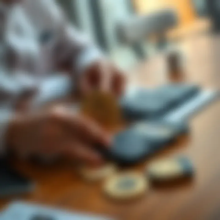 A person managing multiple cryptocurrency wallets with Bitcoin symbols and Ledger devices on a table.