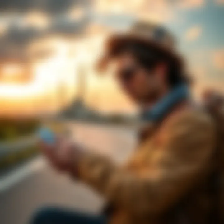 A stylish individual checking cryptocurrency balances on an iPhone while traveling on a scenic route