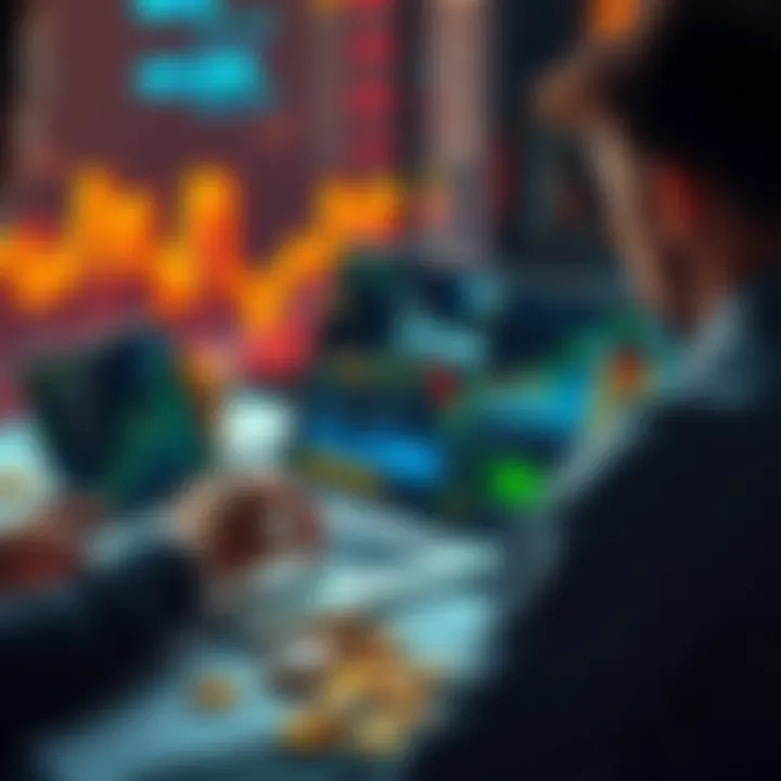 A person looking at cryptocurrency charts on a laptop, surrounded by coins and financial documents, symbolizing investment strategies.