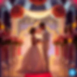 A couple exchanging vows at a wedding themed around cryptocurrency, with decorations featuring blockchain symbols and digital elements.