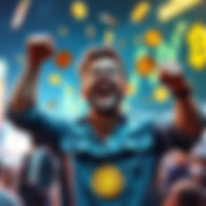 A young man in casual attire celebrating triumphantly with cryptocurrency symbols around him, showcasing the excitement of a bull market.