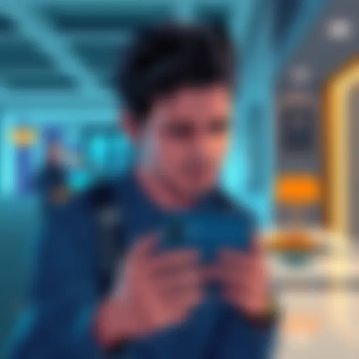 A young man looking stressed while holding a smartphone at a hotel reception, unable to book a room due to payment issues, showing a cryptocurrency wallet error message on the screen.