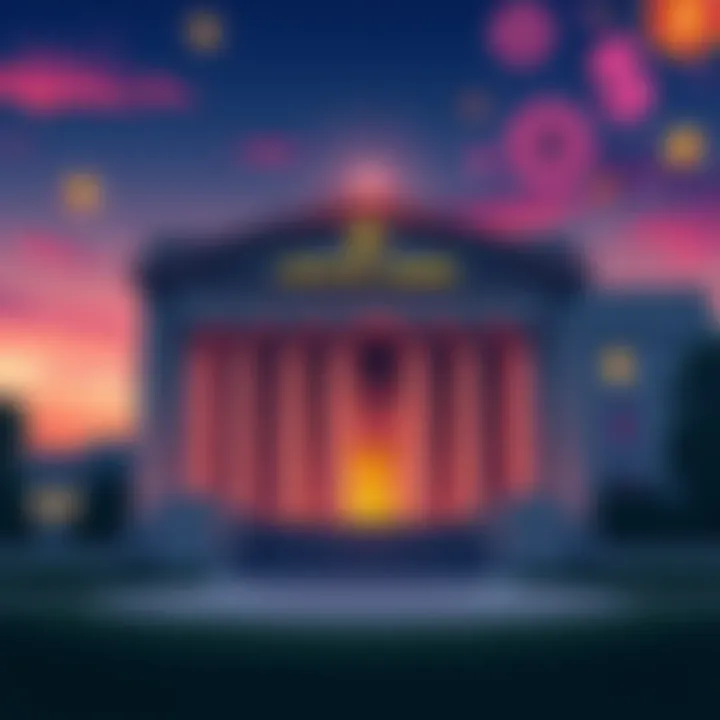 Illustration of a federal cryptocurrency bank with Crypto.com branding, featuring digital currency symbols and a modern bank building