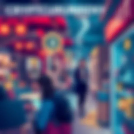 A collage showing people using cryptocurrency for shopping and transactions in various settings, like cafes and online stores.