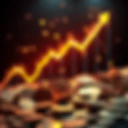 A downward graph representing the fall of a cryptocurrency with coins scattered around