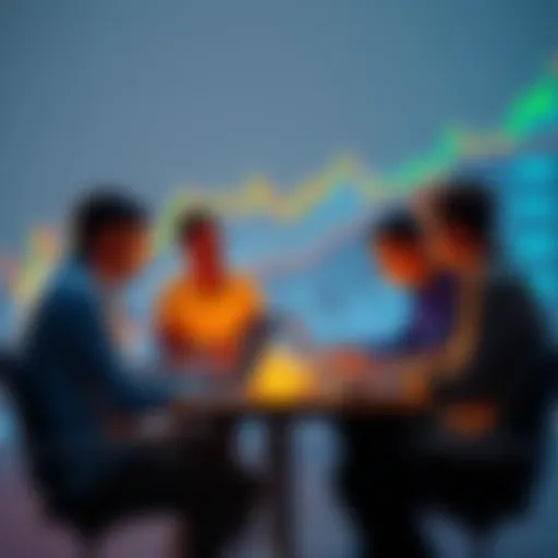 A group of people engaged in a conversation about cryptocurrency, sharing laptops and charts, with a focus on trading and scams.