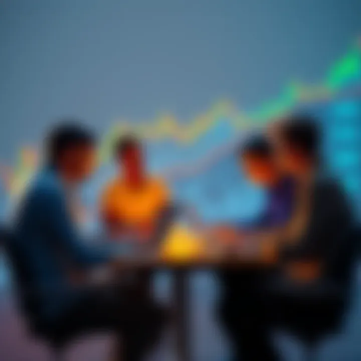 A group of people engaged in a conversation about cryptocurrency, sharing laptops and charts, with a focus on trading and scams.