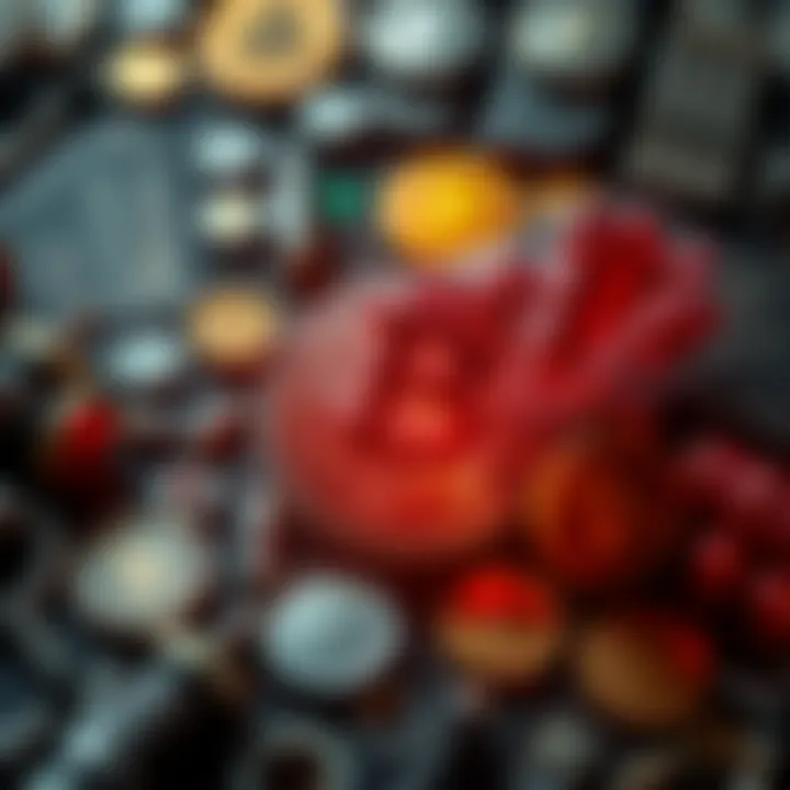 A digital representation of cryptocurrency symbols against a backdrop of traditional banking elements.