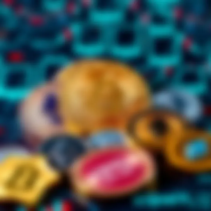 A collection of cryptocurrency logos including Bitcoin and Ethereum on a digital background