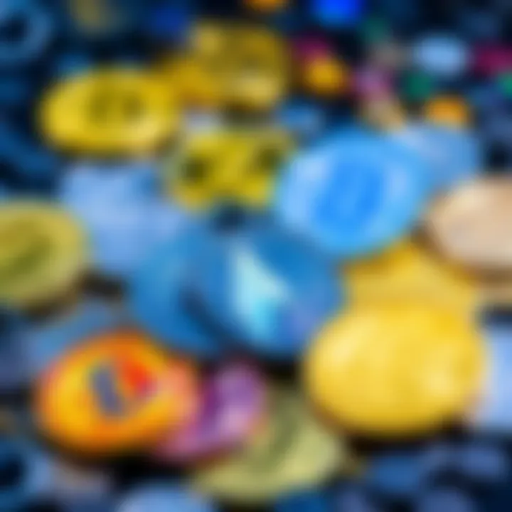 Various cryptocurrency symbols and coins arranged together, representing the concept of digital currencies with real value.