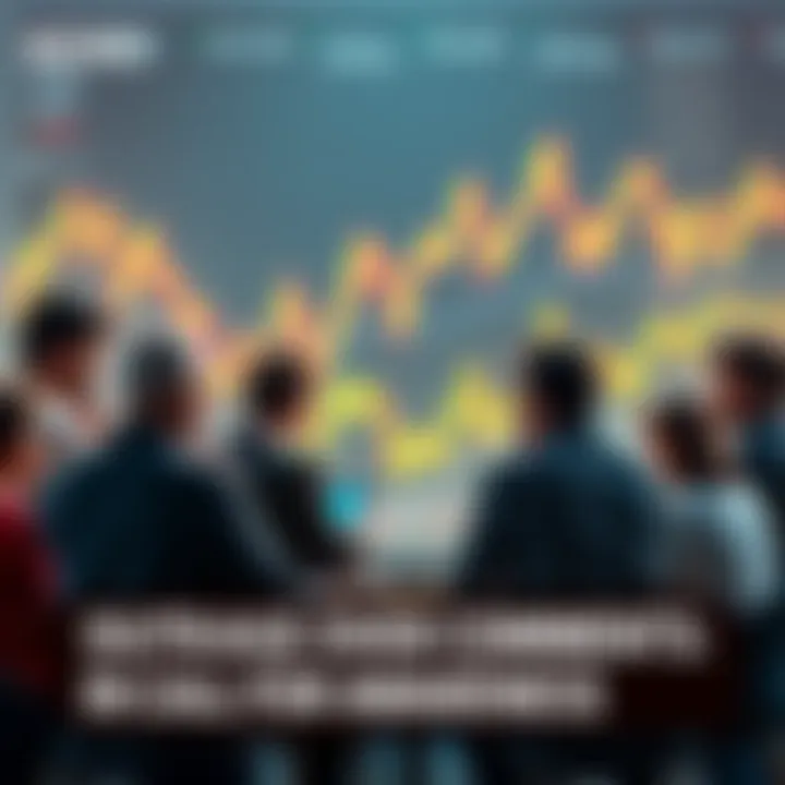 Visual representation of a cryptocurrency debate with people engaging in thought-provoking conversation over digital currency graphs and charts.